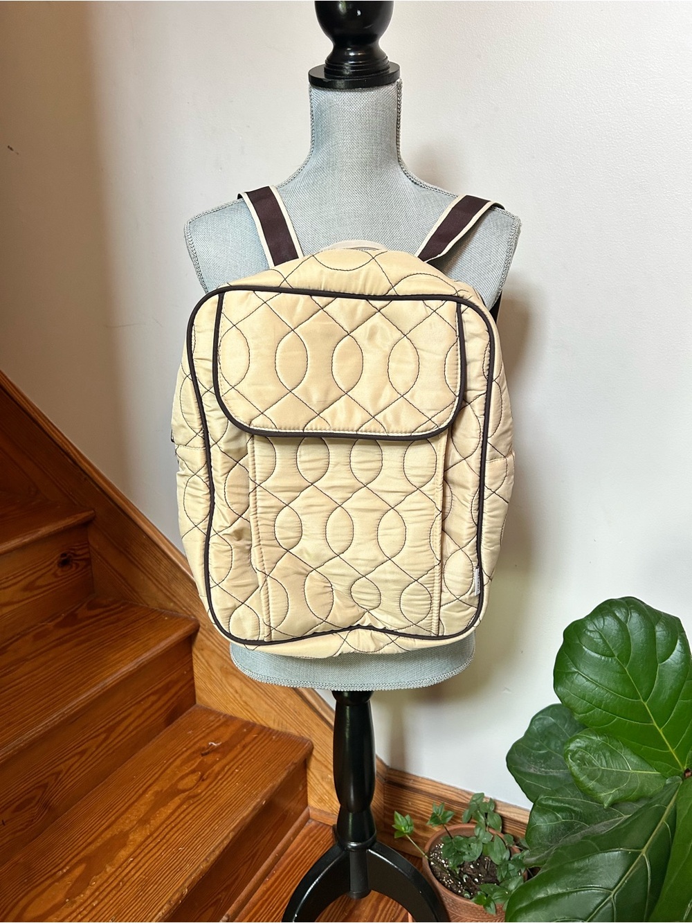 Quilted Cream Backpack with Brown Trimmed Straps